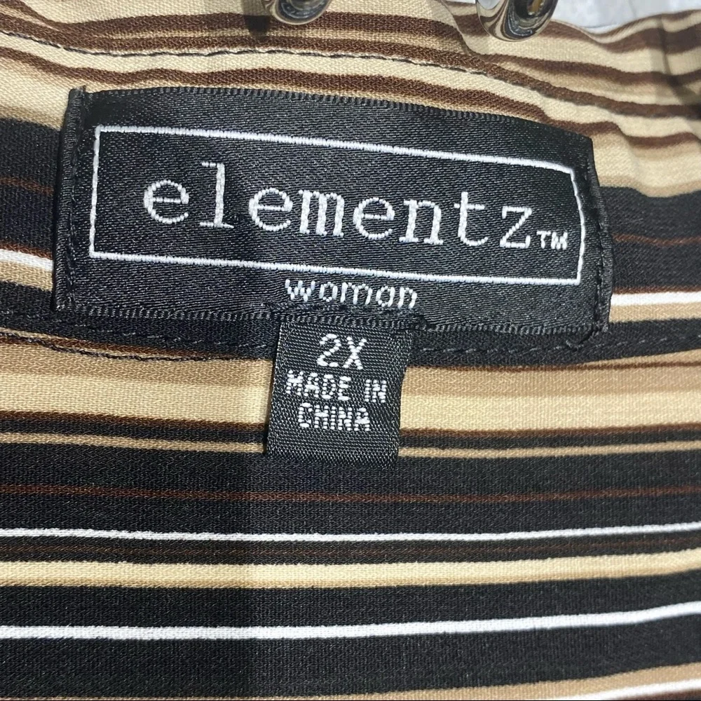 Elementz Stipped Blouse Roll-up Long Sleeve w/tab Brown, Tan, White 2X - Picture 5 of 10